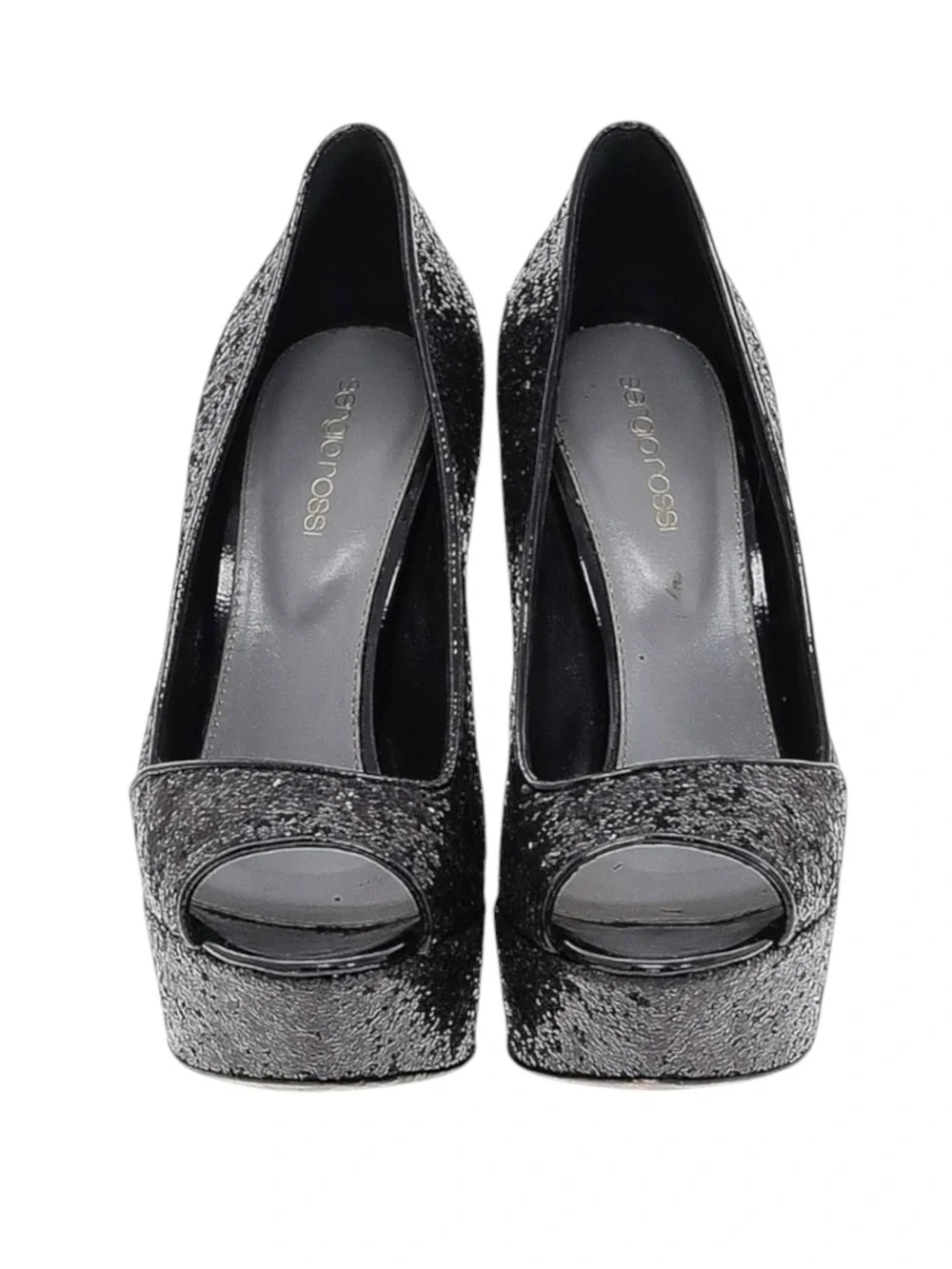 Sergio Rossi 𒀭Boston Glitter Peep Toe Platform Sky High Stiletto Pumps 𒀭Black 38